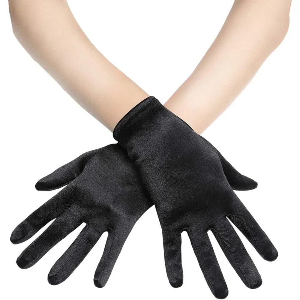 Women's Short Black Satin Silk Gloves Banquet Wedding Party Costume Accessories